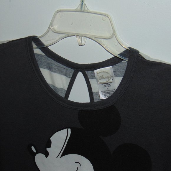 Disney Women Top Medium Gray T-Shirt Graphic Mickey Mouse Back Striped Keyhole - Picture 2 of 5